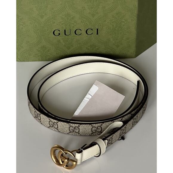 Gucci Women’s Leather GG Thin Width Belt Beige/Brown 110/44 409417 NWT - Picture 3 of 13